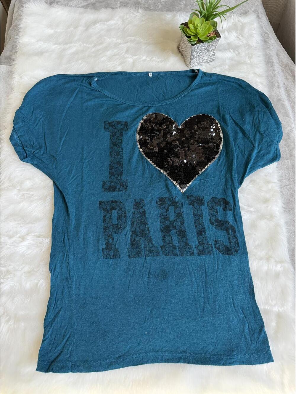 Teal Color 'I Love Paris' Sequin Heart T-Shirt Large